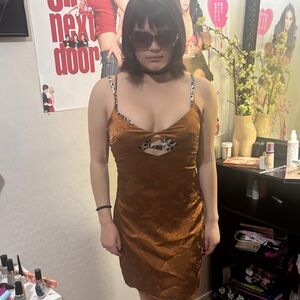 12th Tribe Rust Brown Satin Slip Dress with Leopard Trim